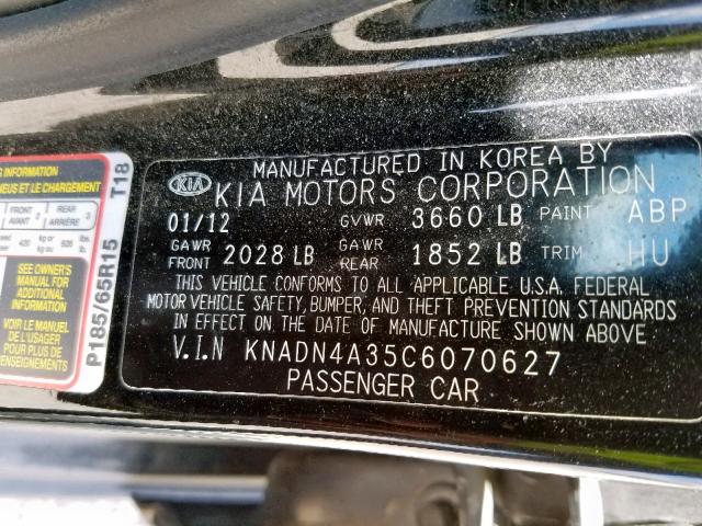 KNADN4A35C6070627 - 2012 KIA RIO EX BLACK photo 10