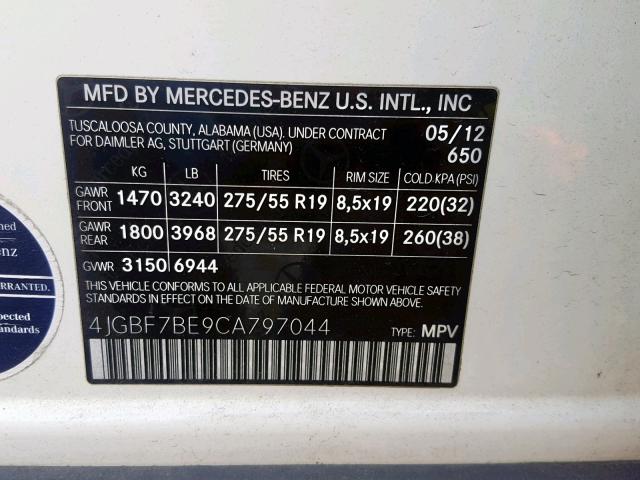 4JGBF7BE9CA797044 - 2012 MERCEDES-BENZ GL 450 4MA WHITE photo 10