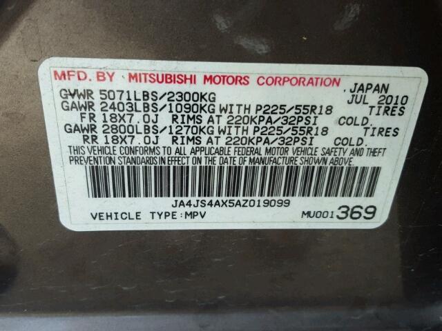 JA4JS4AX5AZ019099 - 2010 MITSUBISHI OUTLANDER BROWN photo 10