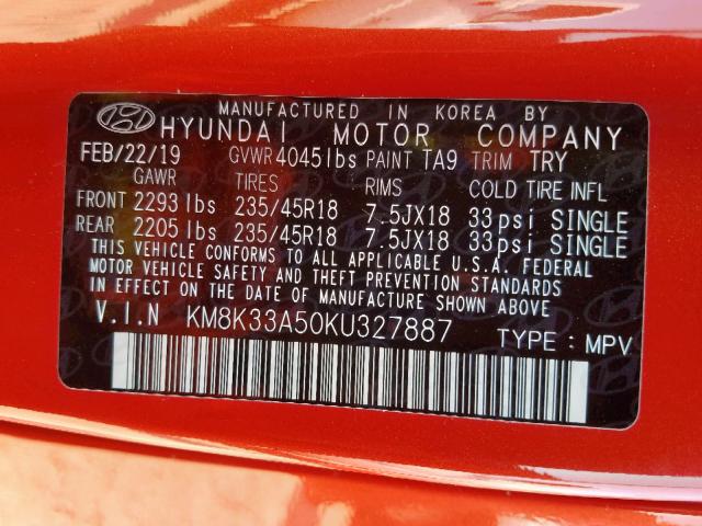 KM8K33A50KU327887 - 2019 HYUNDAI KONA LIMIT ORANGE photo 10