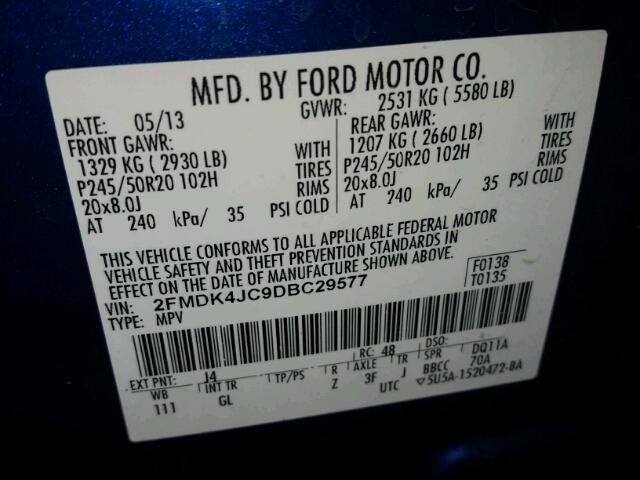 2FMDK4JC9DBC29577 - 2013 FORD EDGE SEL BLUE photo 10