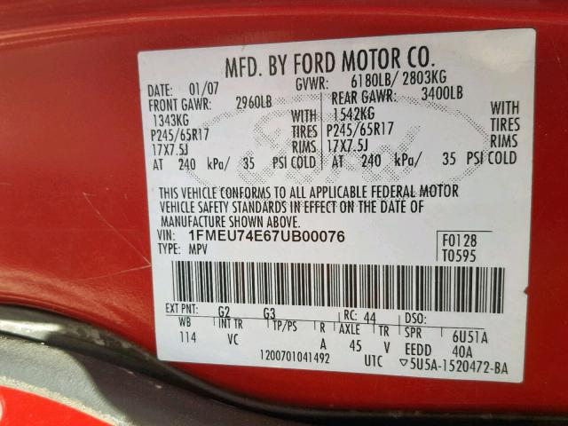 1FMEU74E67UB00076 - 2007 FORD EXPLORER E RED photo 10