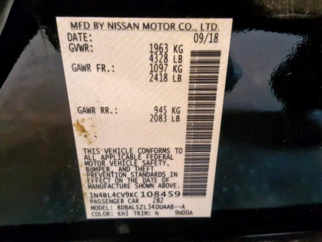 1N4BL4CV9KC108459 - 2019 NISSAN ALTIMA SR BLACK photo 10