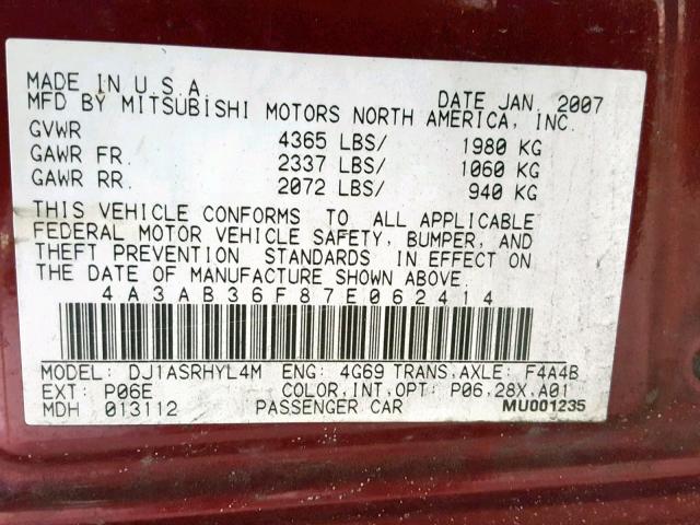 4A3AB36F87E062414 - 2007 MITSUBISHI GALANT ES MAROON photo 10