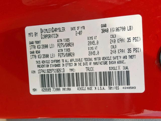 1D7HU18297S182613 - 2007 DODGE RAM 1500 S RED photo 10