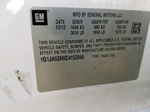 1G1JA6SH8C4152945 - 2012 CHEVROLET SONIC LS 白色 照片 10