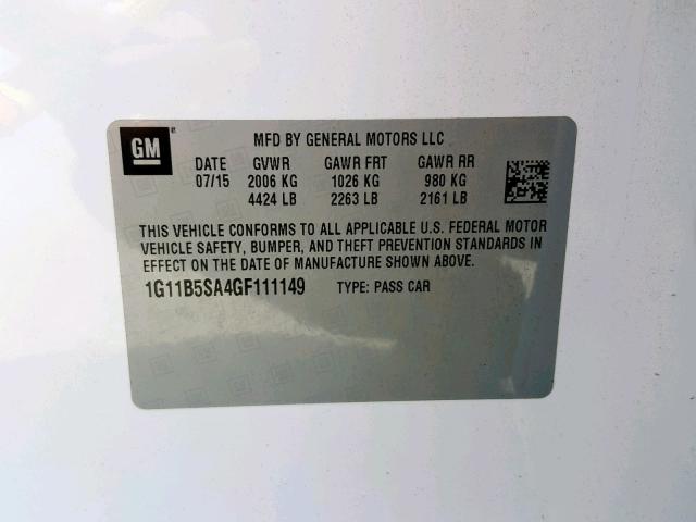 1G11B5SA4GF111149 - 2016 CHEVROLET MALIBU LIM 白色 照片 10