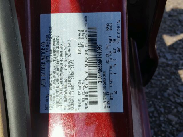 3FAFP06Z66R144095 - 2006 FORD FUSION S MAROON photo 10