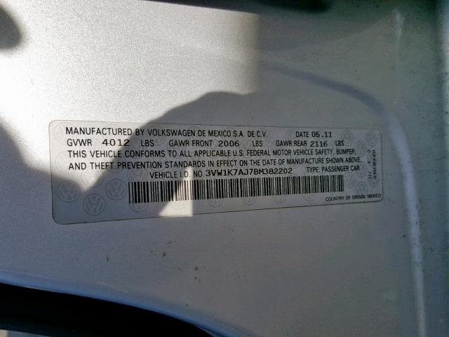 3VW1K7AJ7BM382202 - 2011 VOLKSWAGEN JETTA BASE 银色 照片 10