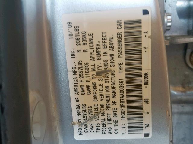 1HGCP3F87AA003661 - 2010 HONDA ACCORD EXL SILVER photo 10