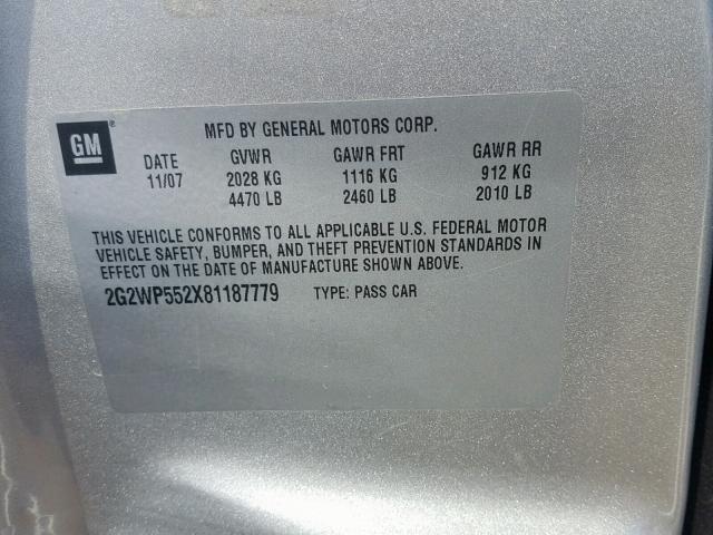 2G2WP552X81187779 - 2008 PONTIAC GRAND PRIX SILVER photo 10