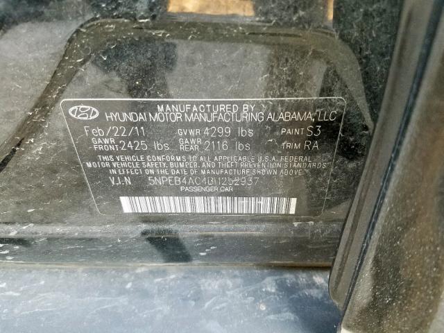 5NPEB4AC4BH252937 - 2011 HYUNDAI SONATA GLS BLACK photo 10