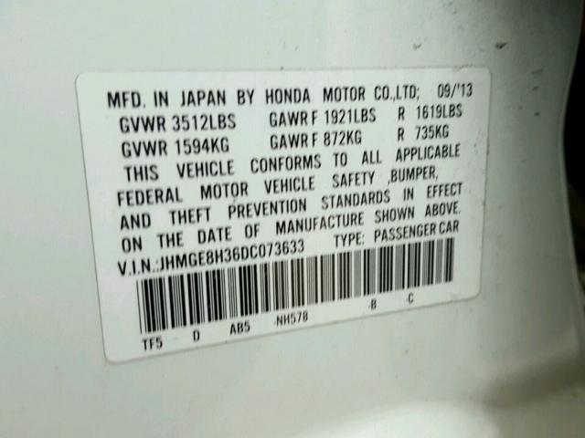 JHMGE8H36DC073633 - 2013 HONDA FIT WHITE photo 10