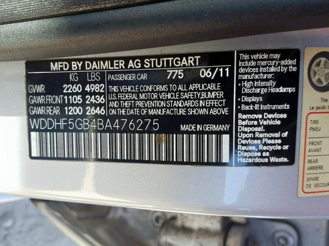 WDDHF5GB4BA476275 - 2011 MERCEDES-BENZ E 350 SILVER photo 10