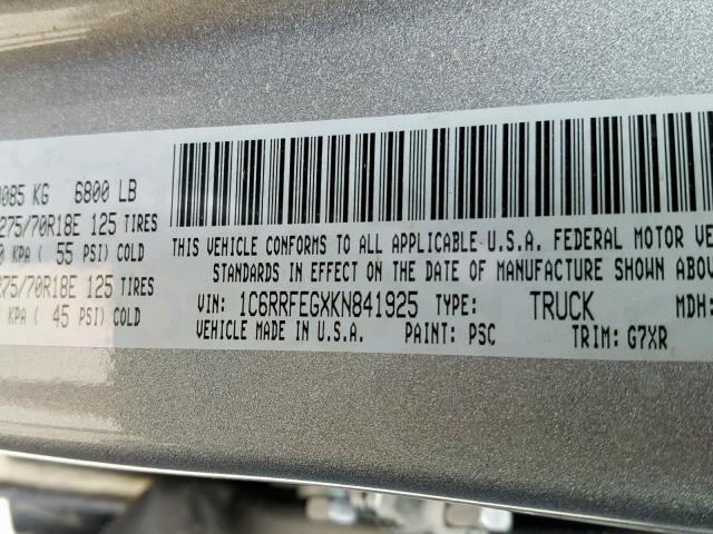 1C6RRFEGXKN841925 - 2019 RAM 1500 REBEL გრაფიტი ფოტო 10