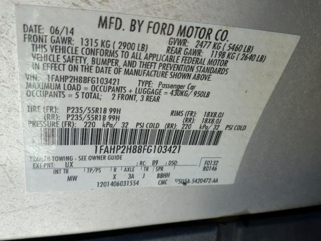 1FAHP2H88FG103421 - 2015 FORD TAURUS SEL SILVER photo 10