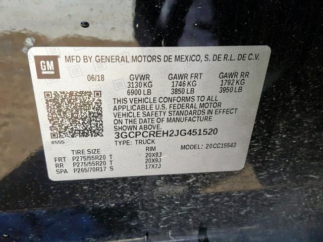 3GCPCREH2JG451520 - 2018 CHEVROLET SILVERADO BLACK photo 10