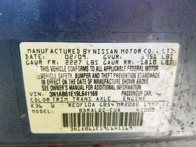 3N1AB61E19L641169 - 2009 NISSAN SENTRA 2.0 GRAY photo 10