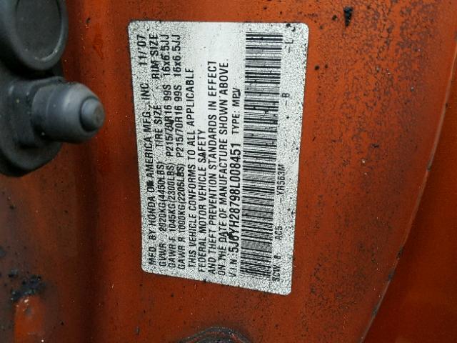 5J6YH28798L008451 - 2008 HONDA ELEMENT EX ORANGE photo 10