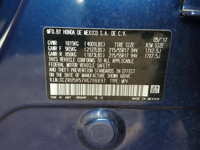 3CZRU5H57HG706697 - 2017 HONDA HR-V EX BLUE photo 10