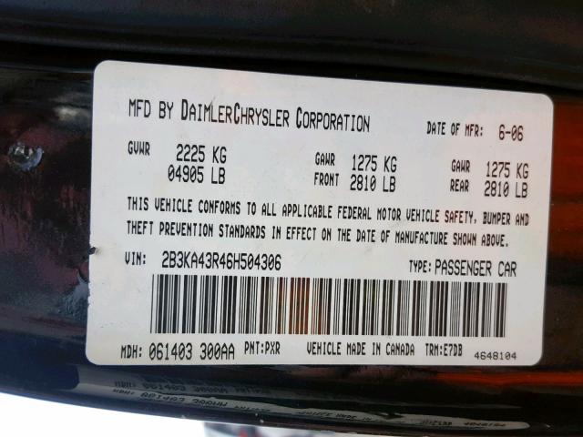 2B3KA43R46H504306 - 2006 DODGE CHARGER SE BLACK photo 10