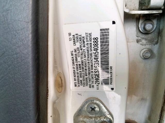 2HGES16354H540888 - 2004 HONDA CIVIC DX V WHITE photo 10