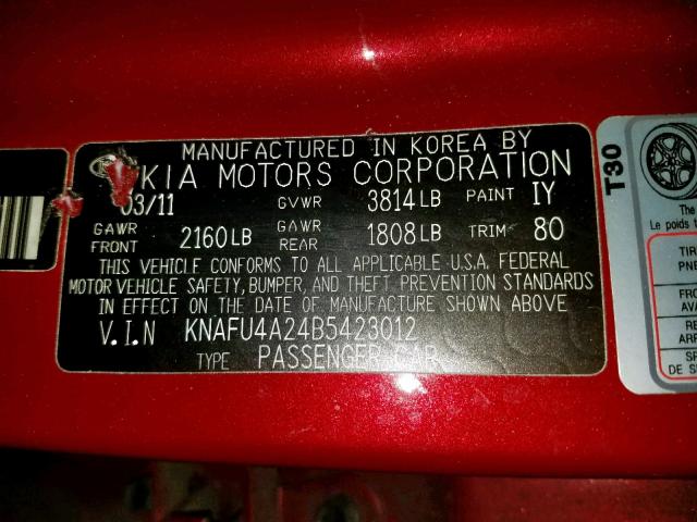 KNAFU4A24B5423012 - 2011 KIA FORTE EX RED photo 10