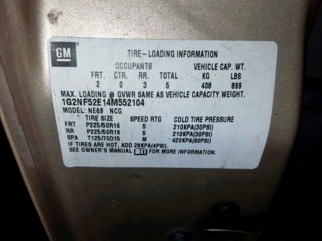 1G2NF52E14M552104 - 2004 PONTIAC GRAND AM S BEIGE photo 10