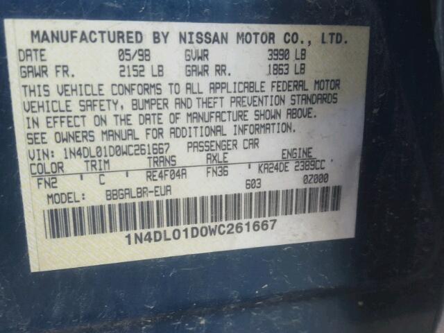 1N4DL01D0WC261667 - 1998 NISSAN ALTIMA XE GREEN photo 10