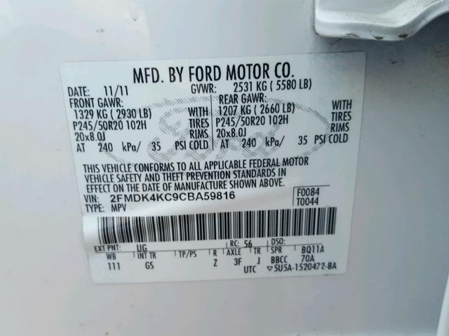 2FMDK4KC9CBA59816 - 2012 FORD EDGE LIMIT WHITE photo 10