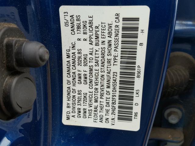 2HGFB2F91DH554723 - 2013 HONDA CIVIC EXL BLUE photo 10