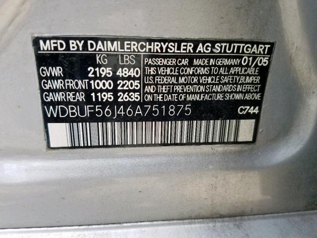 WDBUF56J46A751875 - 2006 MERCEDES-BENZ E 350 SILVER photo 10