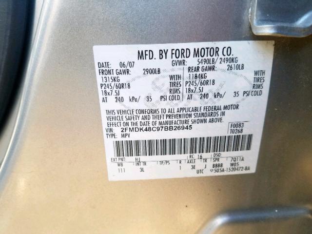 2FMDK48C97BB26945 - 2007 FORD EDGE SEL SILVER photo 10