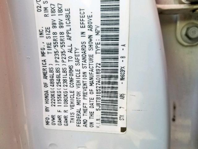 5J8TB18527A018972 - 2007 ACURA RDX TECHNO WHITE photo 10