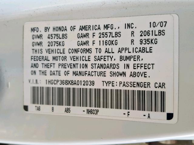 1HGCP368X8A012039 - 2008 HONDA ACCORD EXL WHITE photo 10