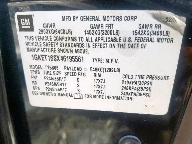 1GKET16SX46195561 - 2004 GMC ENVOY XL GRAY photo 10