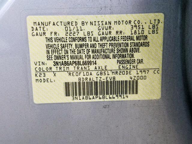 3N1AB6AP6BL669914 - 2011 NISSAN SENTRA 2.0 SILVER photo 10