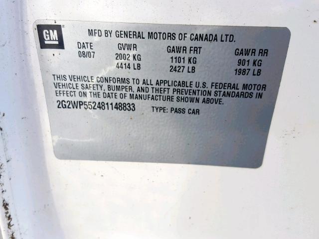 2G2WP552481148833 - 2008 PONTIAC GRAND PRIX WHITE photo 10