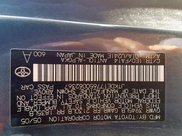 JTKDE177650062367 - 2005 TOYOTA SCION TC ნაცრისფერი ფოტო 10