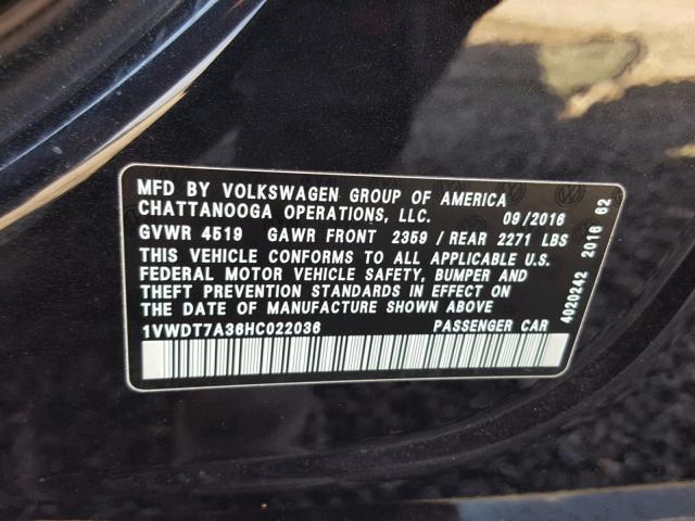 1VWDT7A36HC022036 - 2017 VOLKSWAGEN PASSAT R-L BLACK photo 10