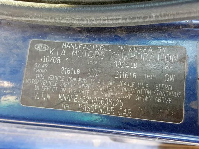 KNAFE222595636125 - 2009 KIA SPECTRA EX BLUE photo 10