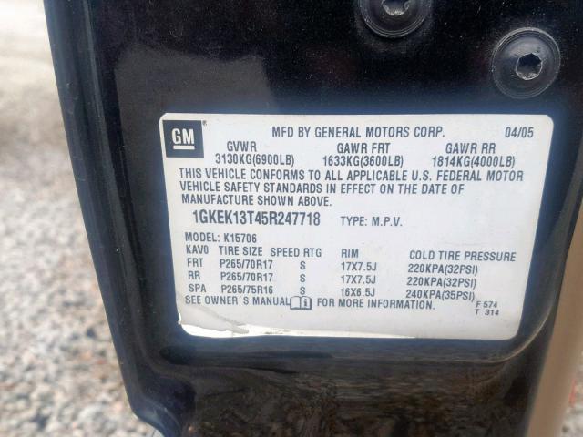 1GKEK13T45R247718 - 2005 GMC YUKON GRAY photo 10