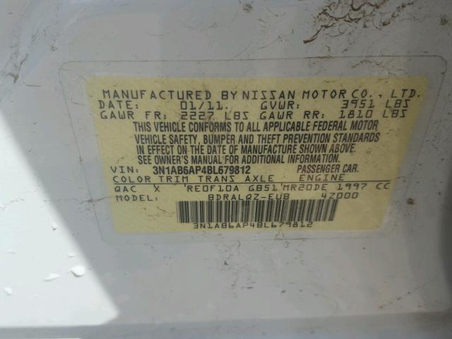 3N1AB6AP4BL679812 - 2011 NISSAN SENTRA 2.0 WHITE photo 10