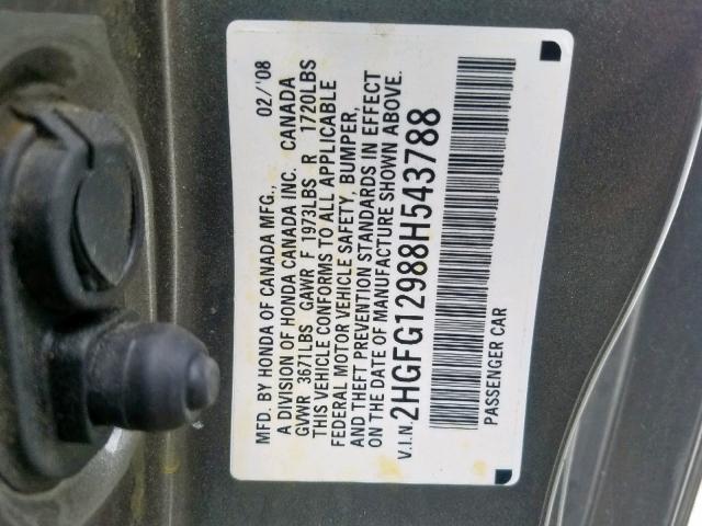 2HGFG12988H543788 - 2008 HONDA CIVIC EXL 灰色 照片 10