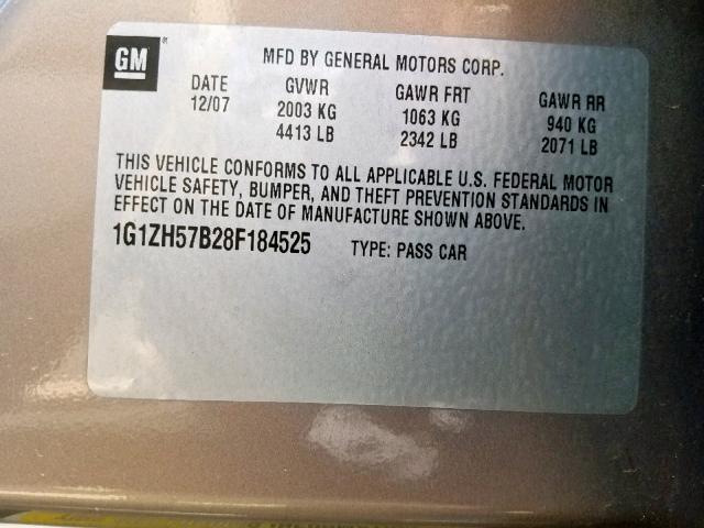 1G1ZH57B28F184525 - 2008 CHEVROLET MALIBU 1LT GOLD photo 10
