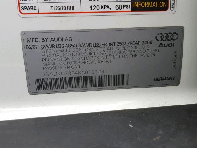 WAUKD78P48A016129 - 2008 AUDI A3 S-LINE WHITE photo 10