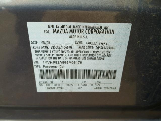 1YVHP82A895M08176 - 2009 MAZDA 6 GRAY photo 10