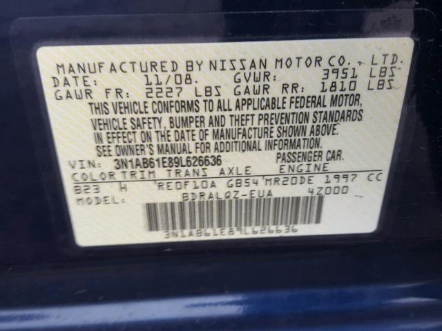 3N1AB61E89L626636 - 2009 NISSAN SENTRA 2.0 BLUE photo 10