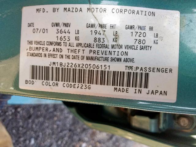 JM1BJ226X20506151 - 2002 MAZDA PROTEGE DX GREEN photo 10