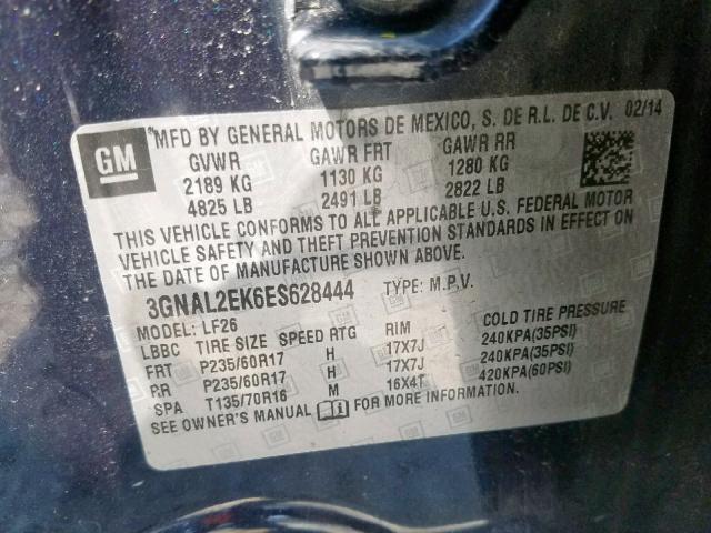 3GNAL2EK6ES628444 - 2014 CHEVROLET CAPTIVA LS შავი ფოტო 10